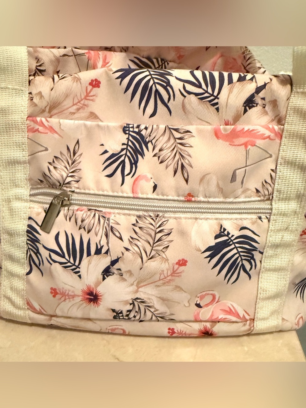 Narwey Beige Flamingo Foldable Travel Duffel Bag. Tropical flamingos & hibiscus. - Picture 10 of 15